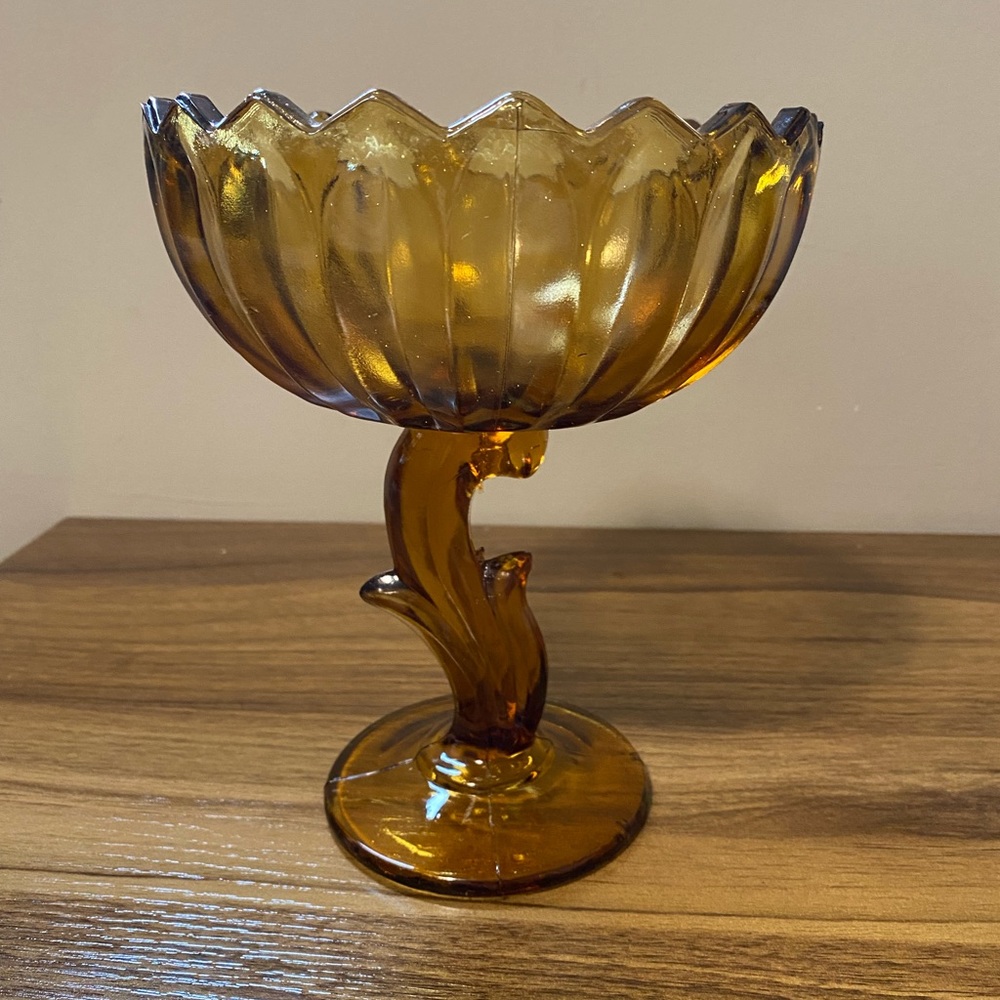Vintage 1960s Glass Amber Lotus Blossom Tall Candy Dish By Indiana Glass Company